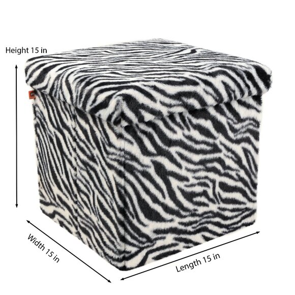 Go-Poufs Knock-Down Medium Cube Faux Fur Storage Ottoman | Zebra Black/White - Picture 4 of 7